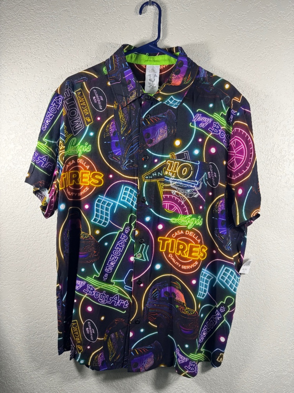 Disney Cars Land Neon Lights Button Up Shirt Mens L NWT